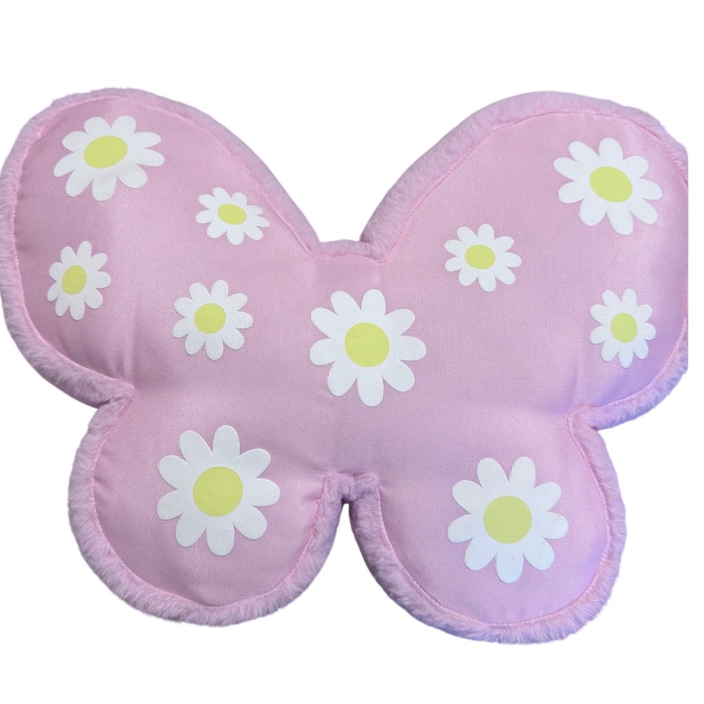 C&C‎ California Kids Pink Butterfly Daisy Plush Decorative Pillow Faux Fur Trim
